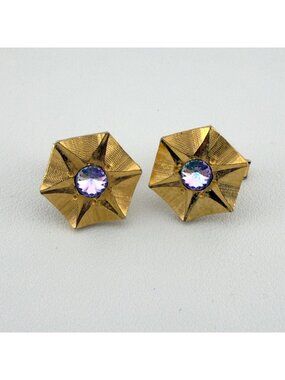Vintage Gold Tone Hexagon Cufflinks Purple Rhinestone Mid Century